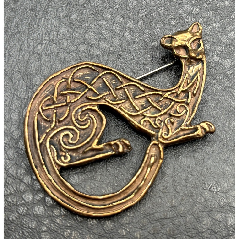Vintage Large 2.25" Celtic Or Viking Style Cat Brooch Pin Antiqued Brass Tone